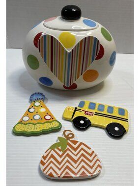 Coton Colors Happy Everything Polka Dot Cookie Jar Pumpkin Heart Bus Hat - EUC